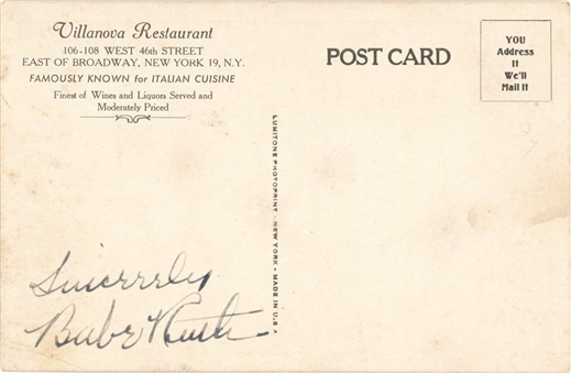 Babe Ruth Signed and "Sincerely" Inscribed Postcard (Beckett)